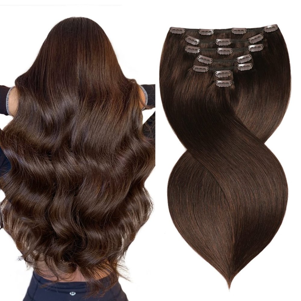 12" 100% Full Cuticle Human Hair Clip In Extensions 7pcs 100g #2 Darkest Brown